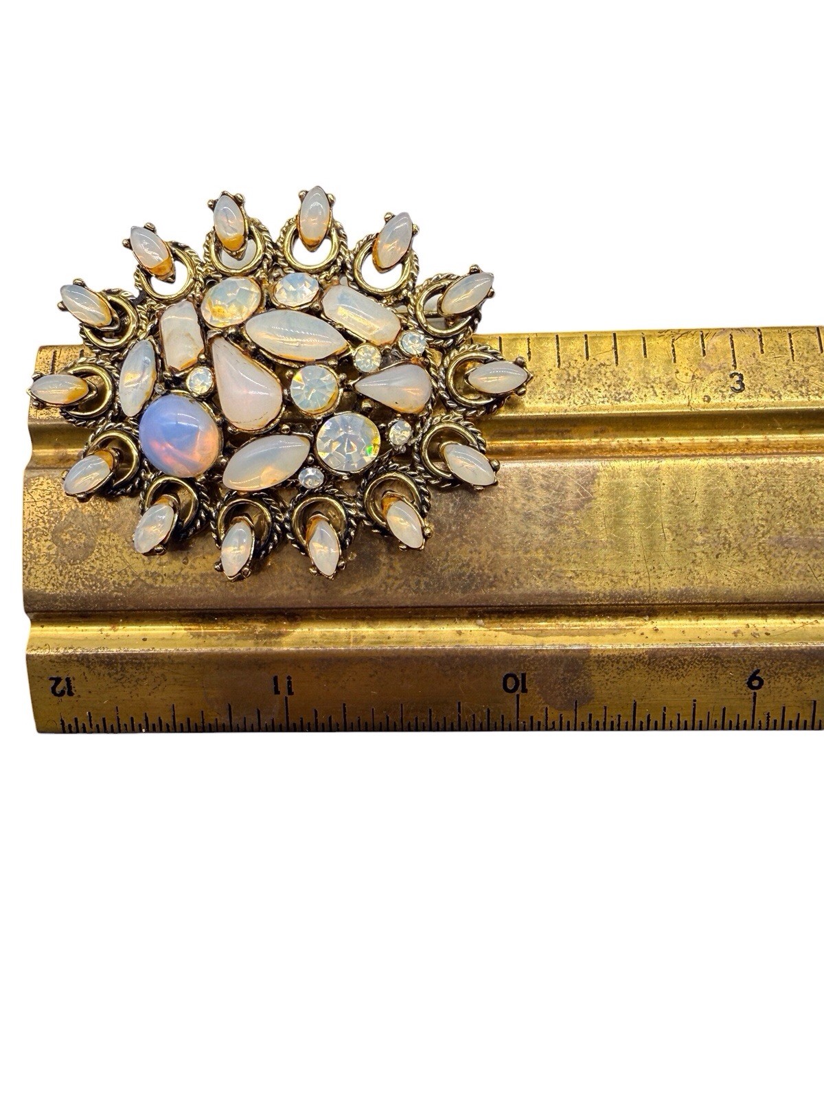 Vtg Hollycraft Set Brooch Dangle Earrings Fiery Opal Rhinestone Gold 50s 60s C