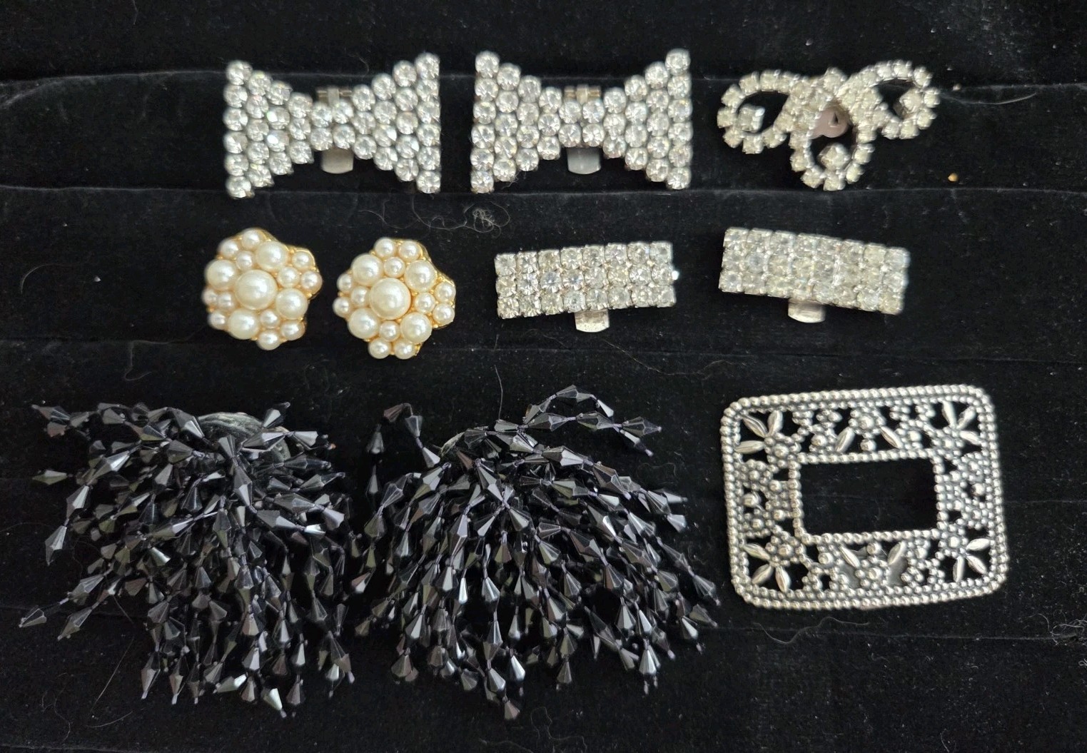 Lot Of 10 Vintage Shoe Clips Rhinestone Pearl Beaded Gold & Silver Tone Metal