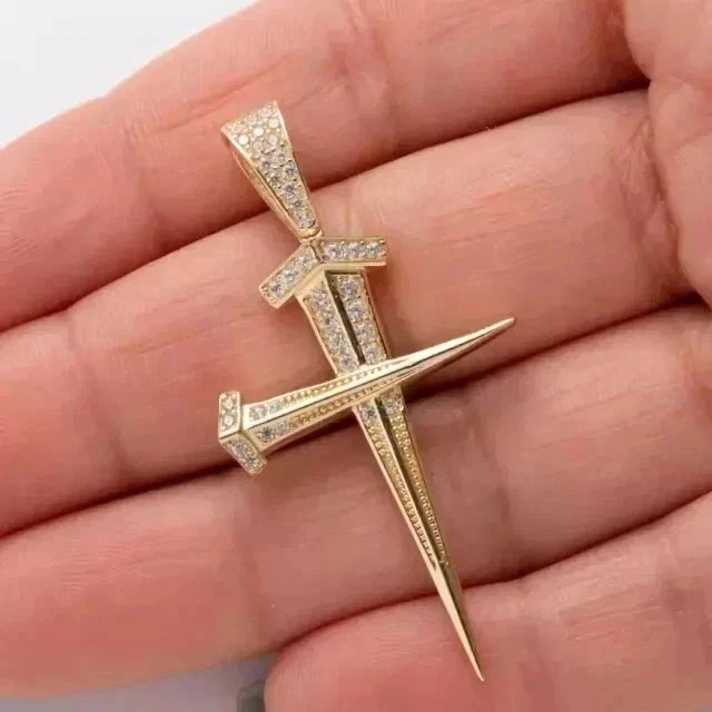 2.00Ct Round Cut Real Moissanite Fancy Cross Pendant 14K Yellow Gold Plated