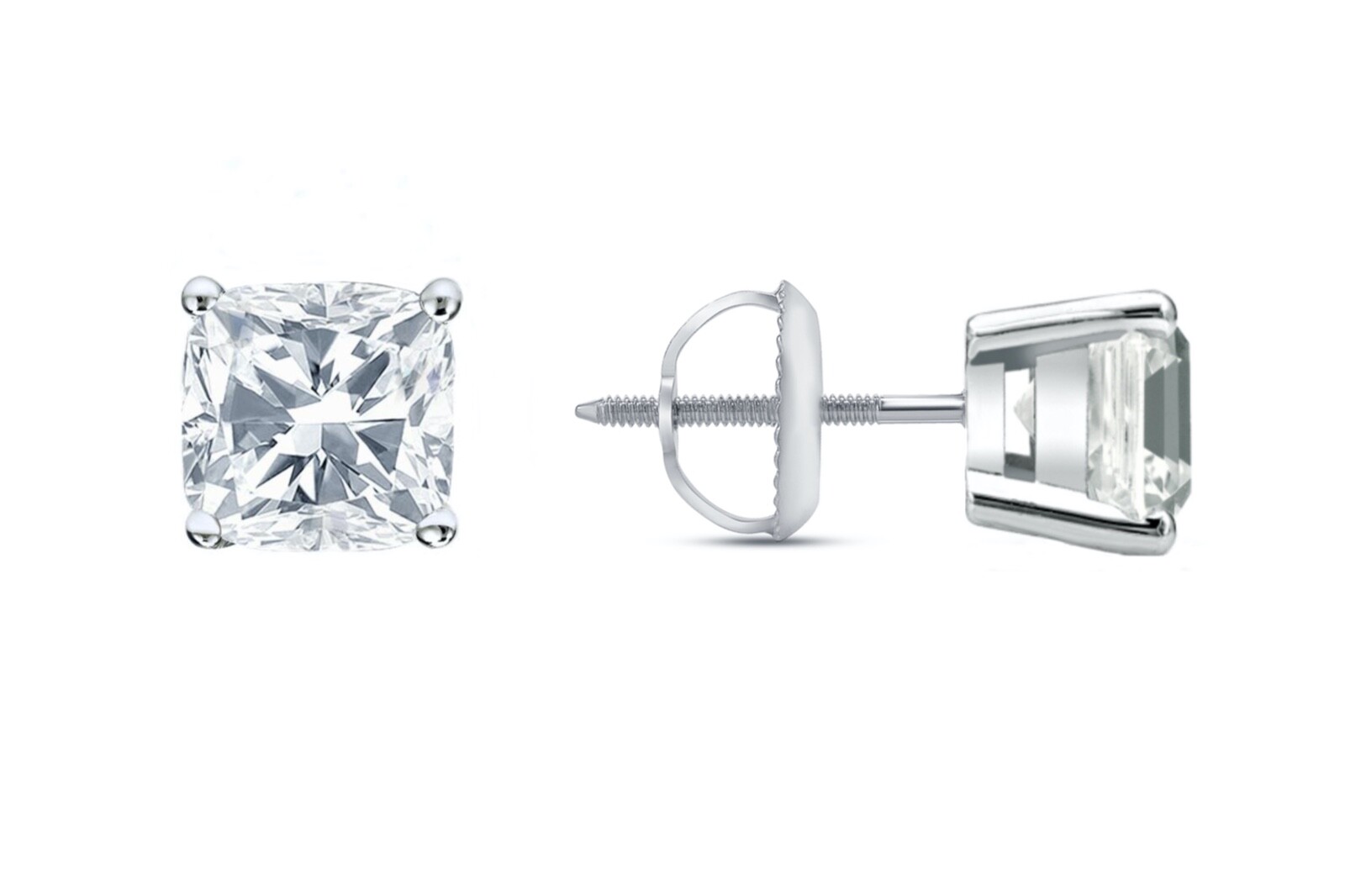 4 Ct Cushion Cut Created Diamond Earrings Studs Real 14K White Gold Basket Screw
