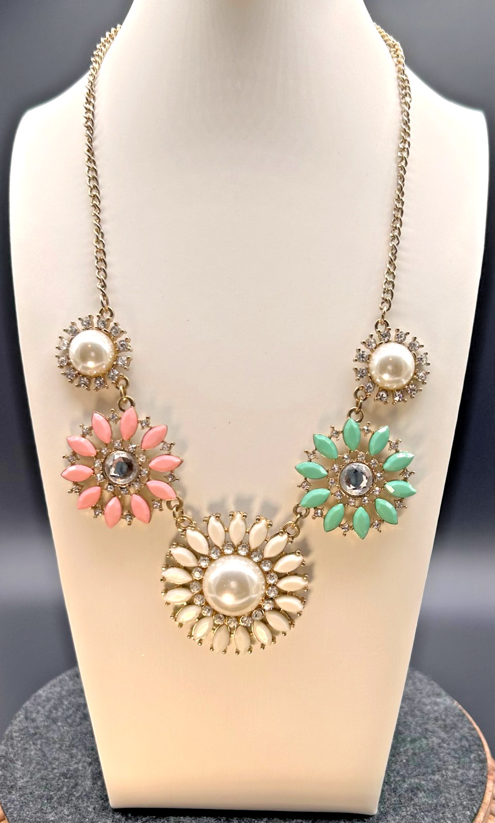 Bold Floral Bib Statement Necklace Pink Mint White Cream Pearl Rhinestones