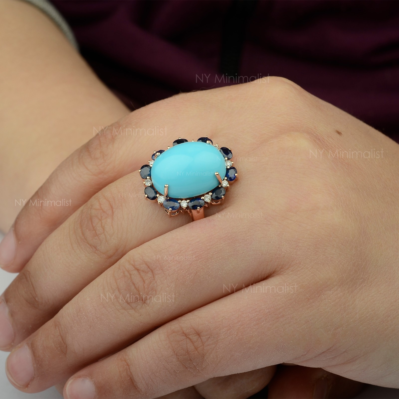 14K Solid Gold Genuine Oval Turquoise Blue Sapphire and Diamond Engagement Ring