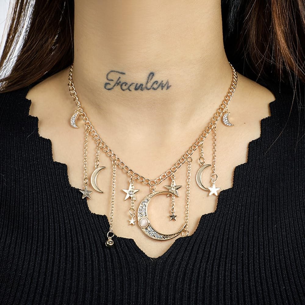 Moon Stars Tassel Pendant Necklaces Big Moon Clavicle Necklace Star Tassel Co…