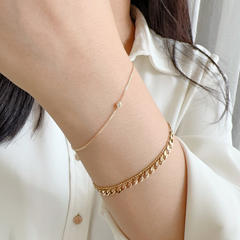 14K Real Gold Solitaire Round CZ Simple Daily Thin Cuban Women Bracelet Jewelry