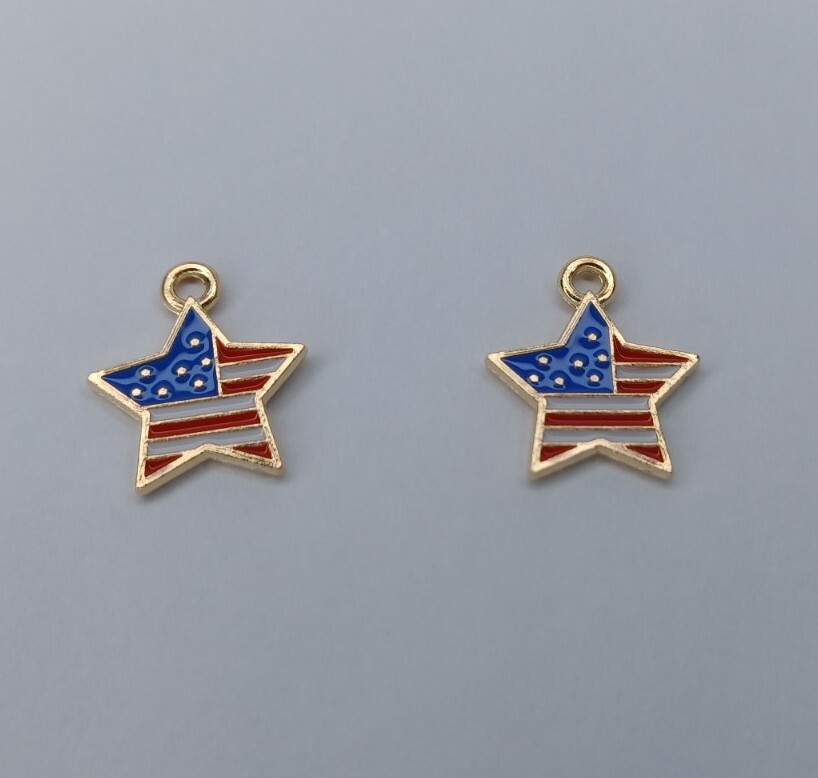 Earring Findings Gold Tone Enamel Star Red White & Blue 4th Of July Pair Of 2