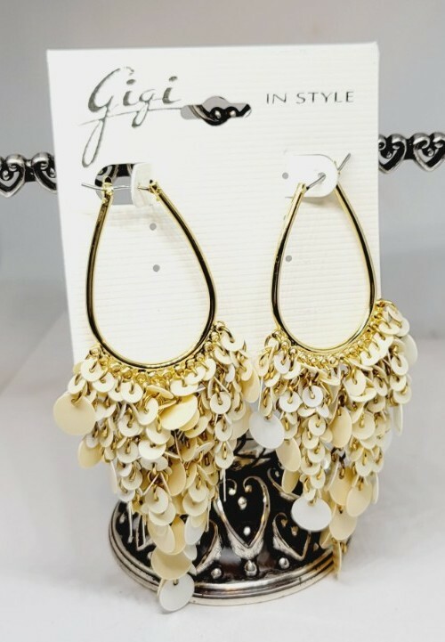 Gigi In Style Cream & White sequin Design OVAL Hoop Dangle Earrings 3.75 in Drop