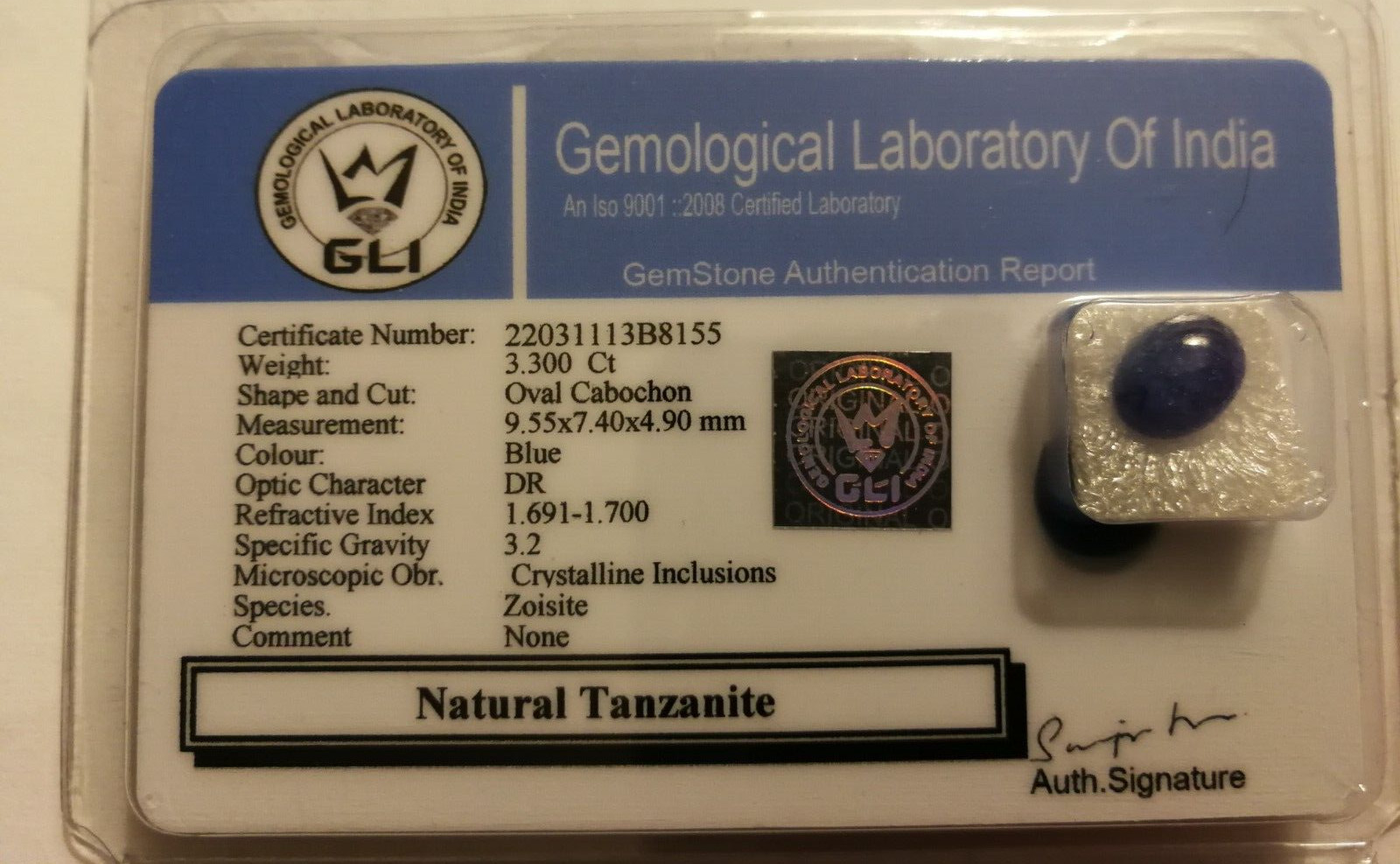 3.3 Carat Natural Tanzanite Oval Cabochon, with GLI Report