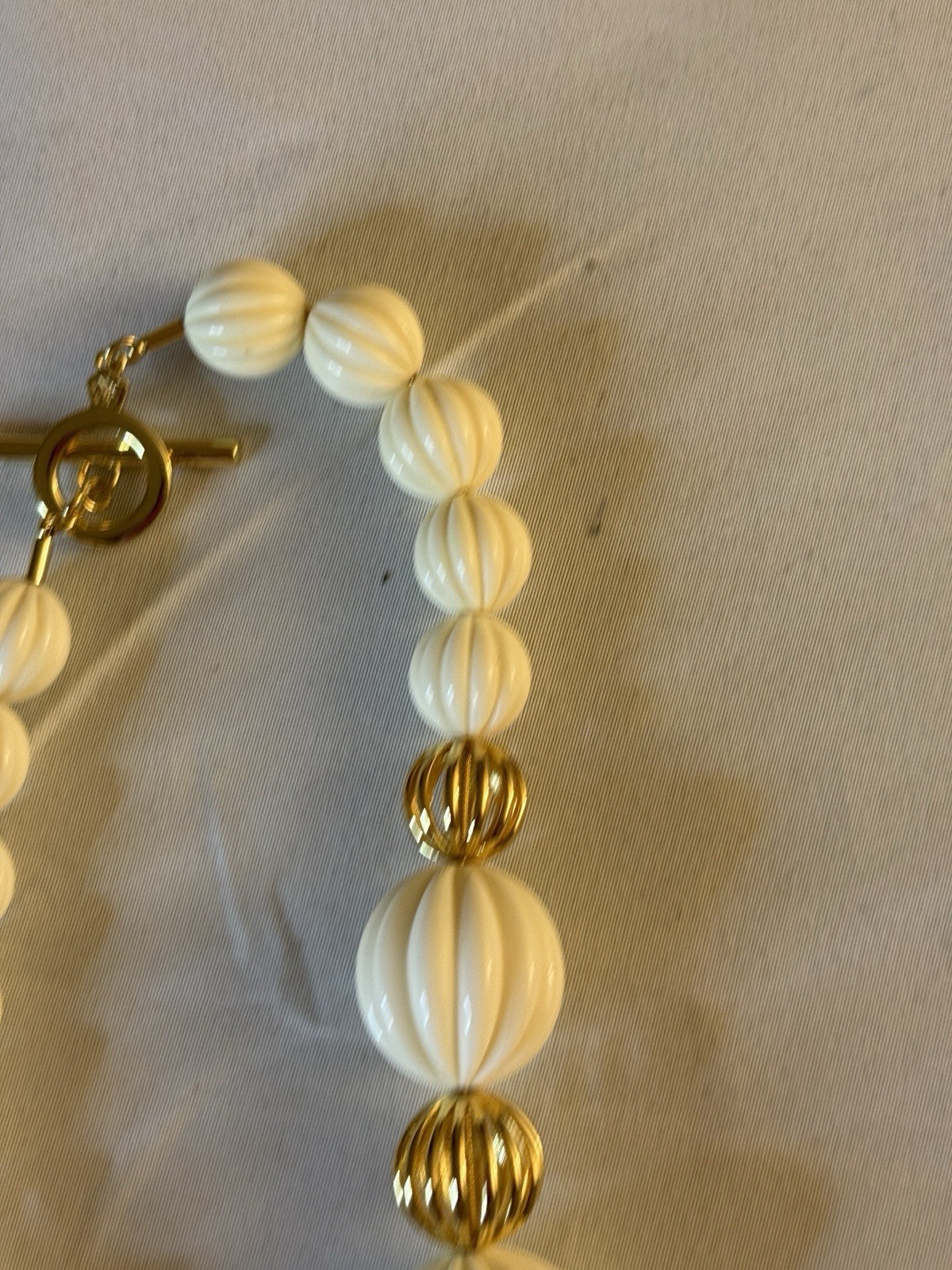 White & Gold Beaded Statement Necklace Toggle Closure