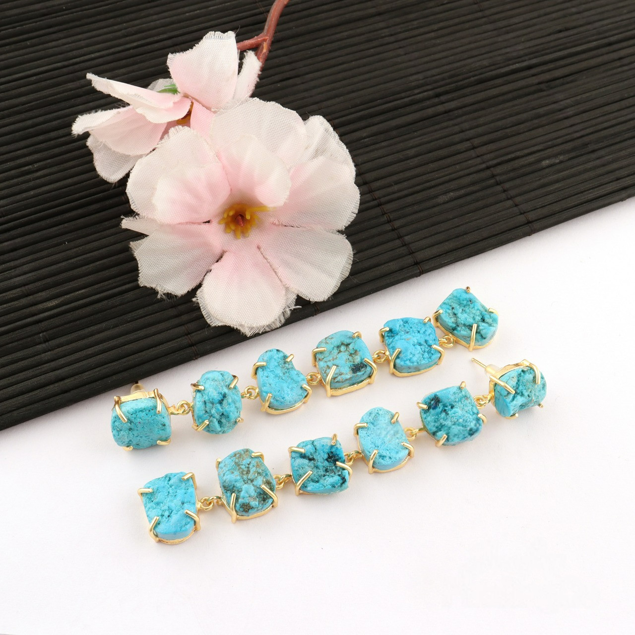 Modern Style Women Earring Raw Turquoise Gold Plated Long Drop Handmade Earring