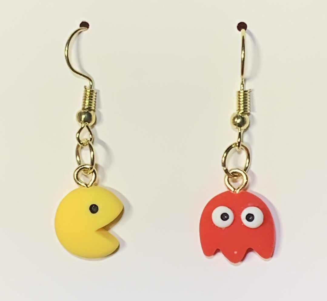 Gold PAC-Man & Ghost From Pac-Man Drop Dangle Earrings!!