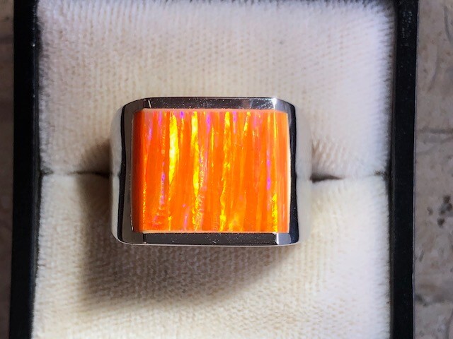 Orange Fire Opal Square Ultra Vivid FLASHES Heavy Sterling Men’s ring 14 VIDEO