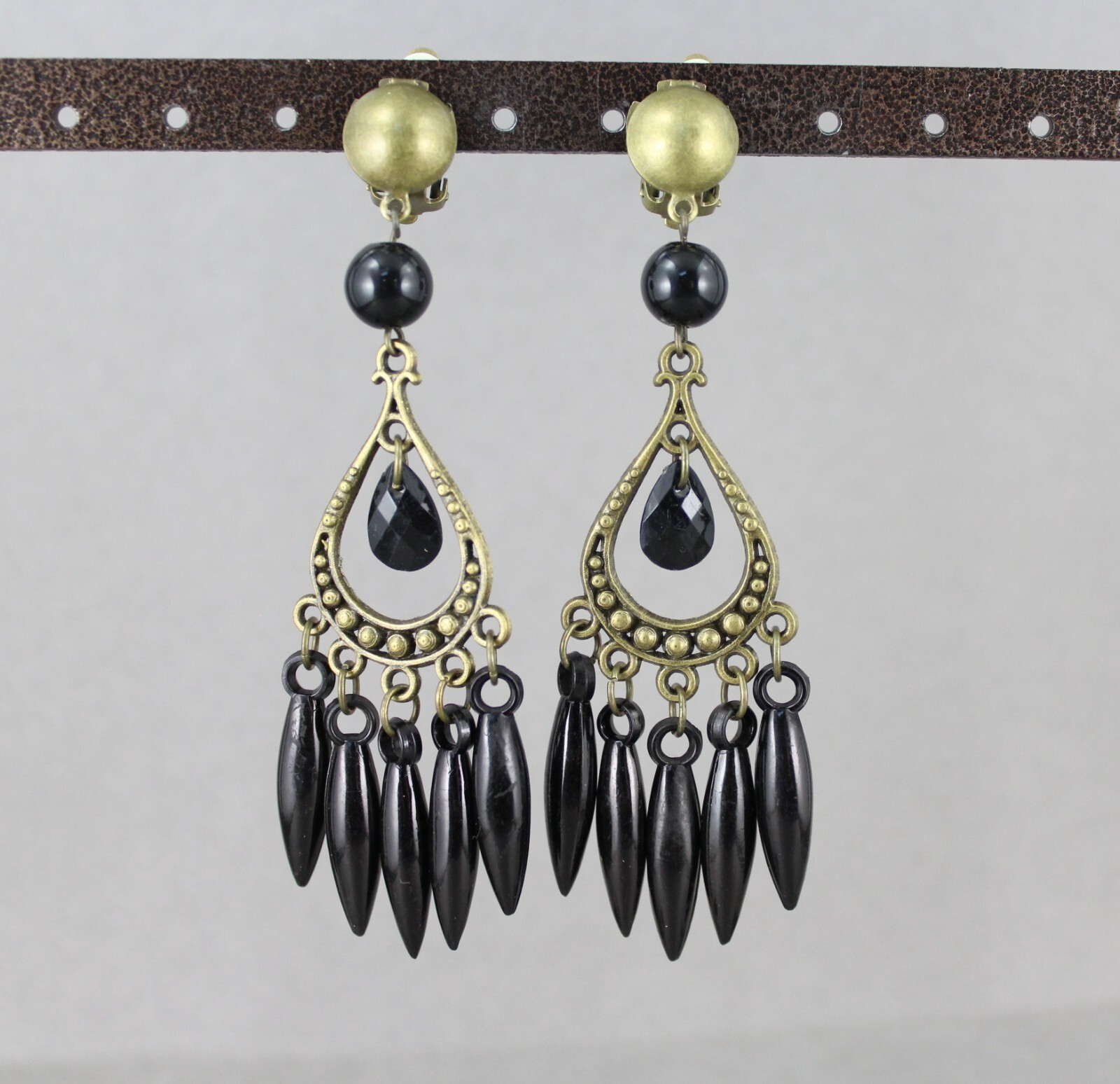 Black beaded Clip On chandelier earrings pendant clips 3.75″ long lightweight
