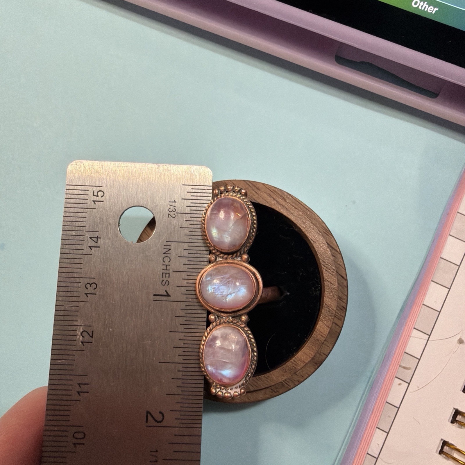 Pink Moonstone Copper Adjustable Ring Sz 7-9