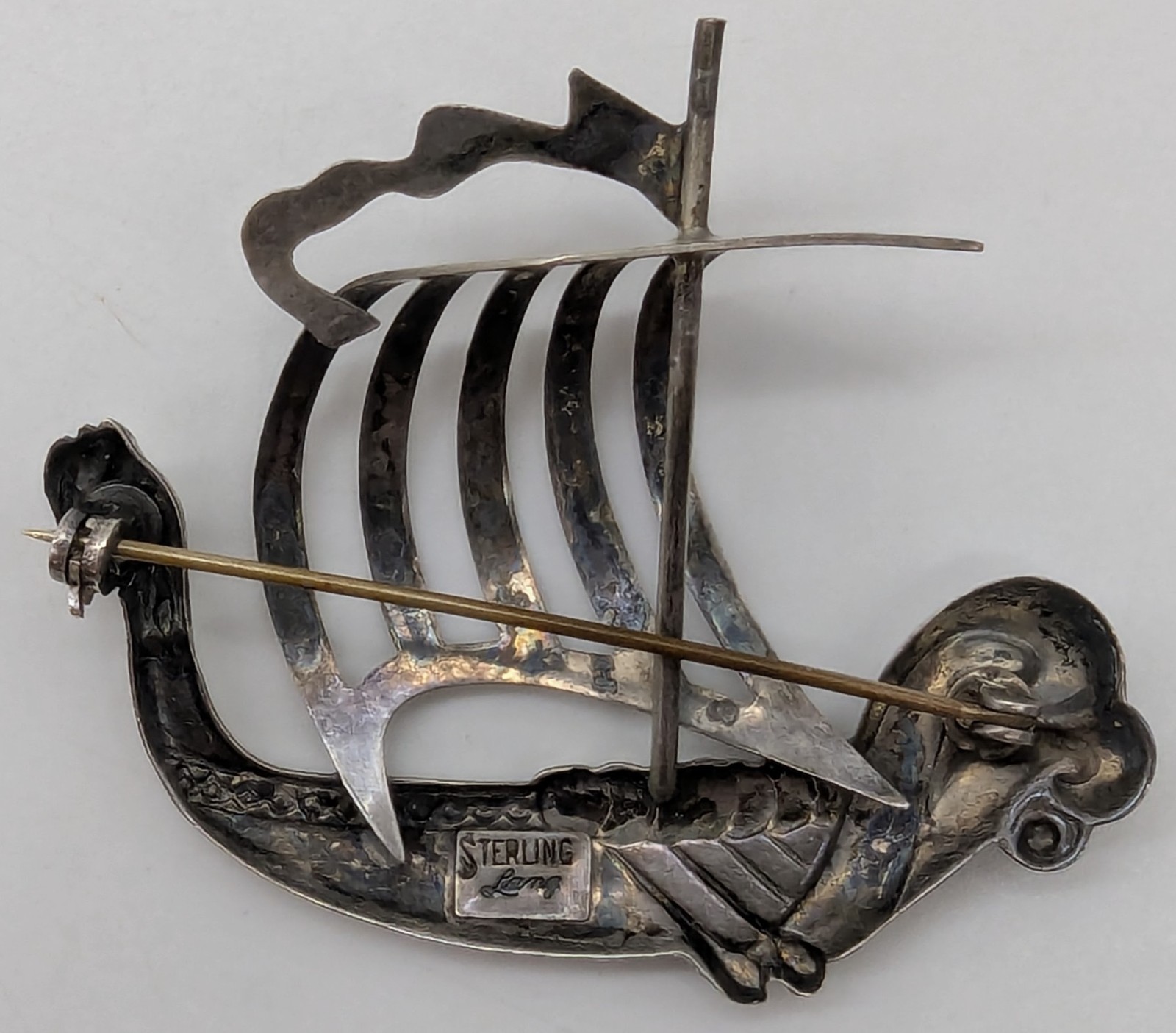 Vtg Lang Sterling Viking Ship Dragon Boat Pin Brooch Silver