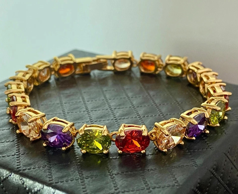 18K Gold Plated 30 CTW Gemstone Tennis Multicolor Bracelet Birthday Jewelry