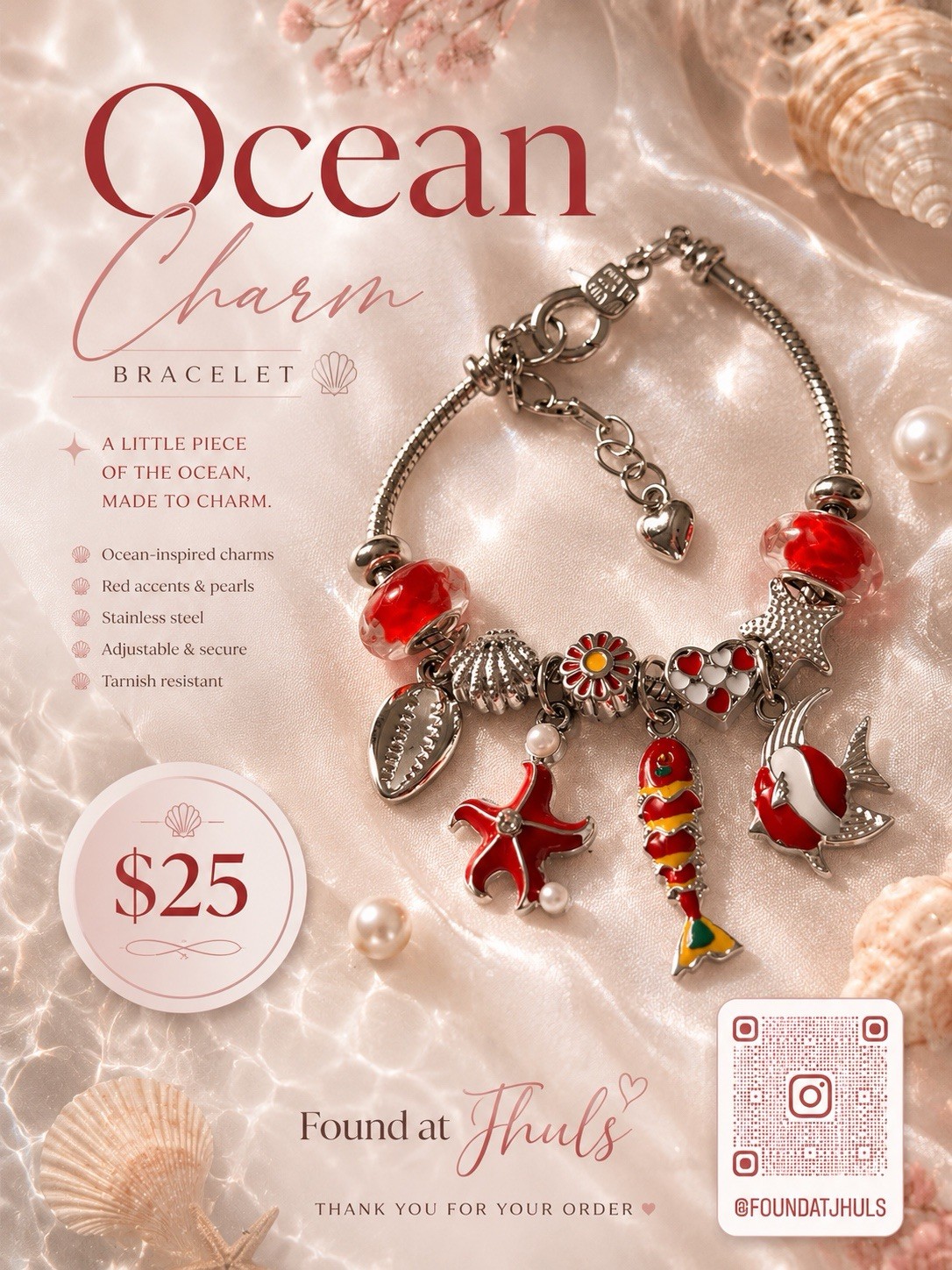Silver Tone Stainless Steel Ocean Sea Life Charm Bracelet Red Glass Beads