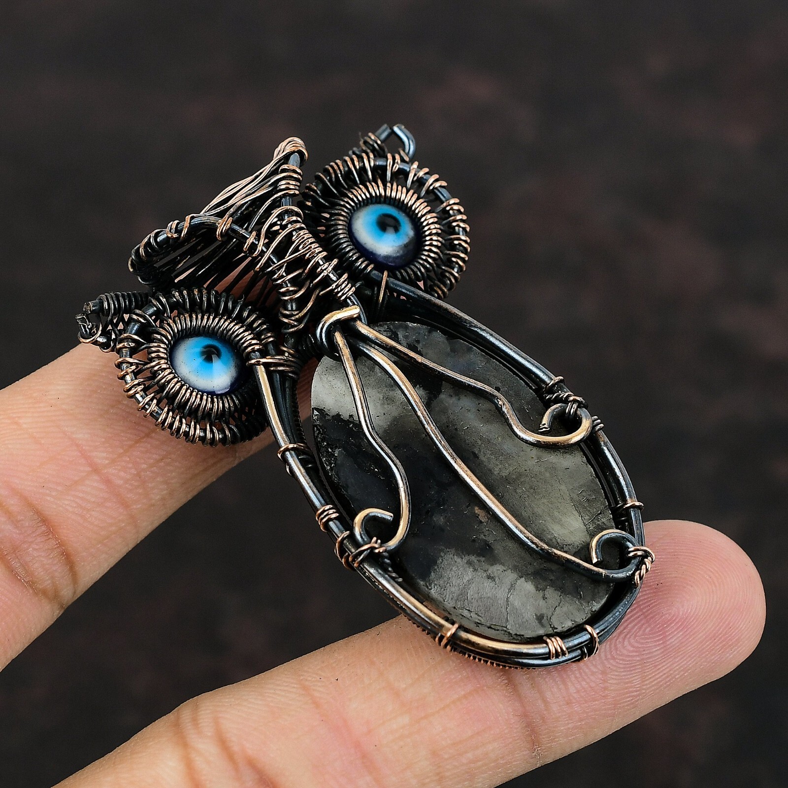 Rainbow Moonstone Wire Wrapped Owl Pendant Handcrafted Copper Unique Gift 2.36″