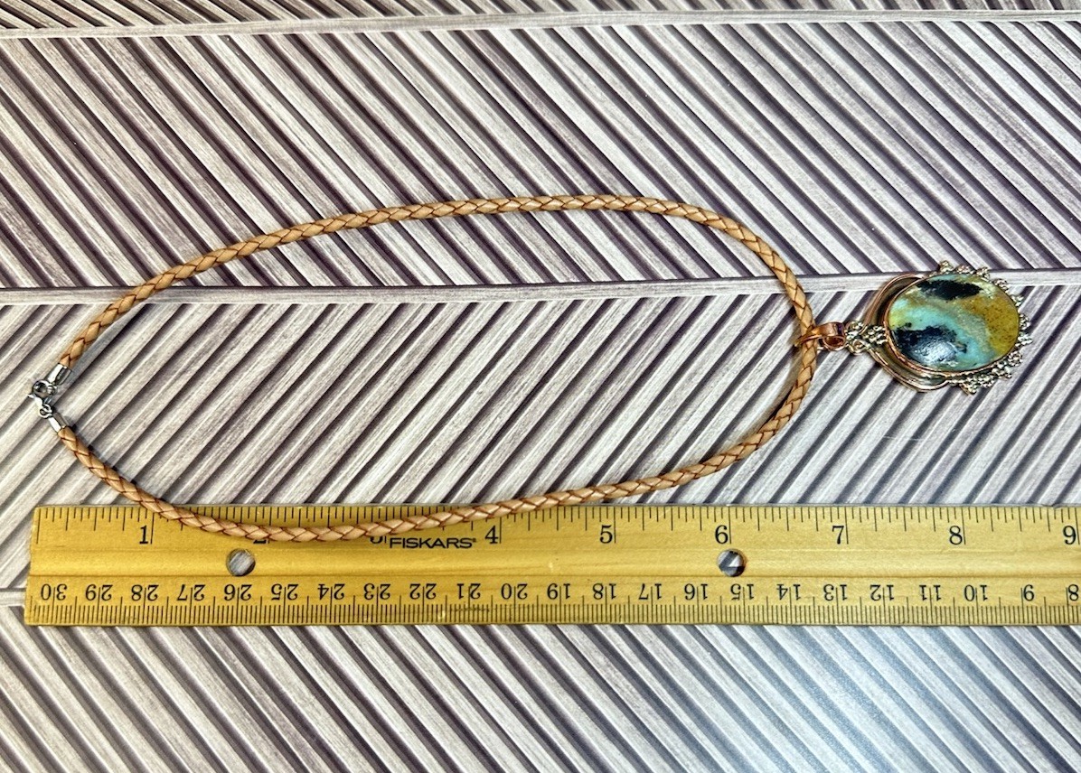 Southwest Style Copper Blackjack Turquoise Pendant w/Leather Cord Necklace 16”