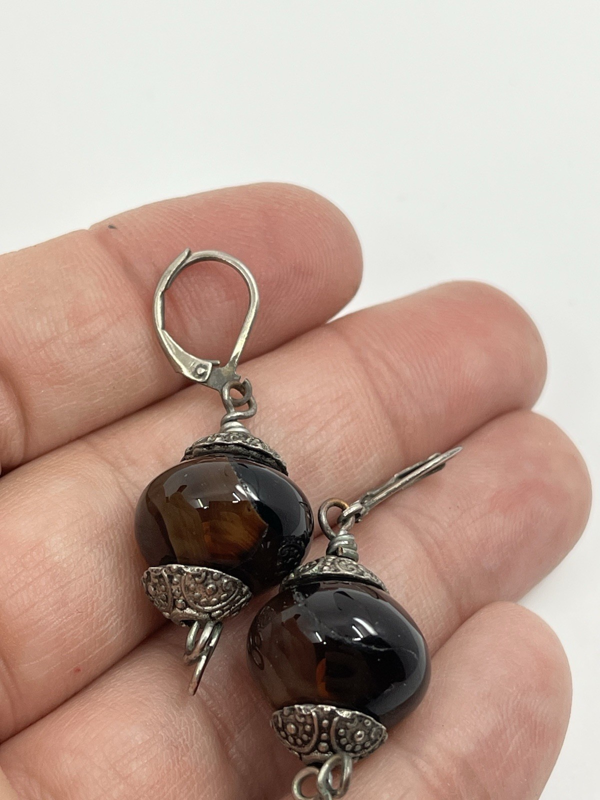 Artisan Silvertone Tiger’s Eye Filigree Earrings Secure Hook 1.25”