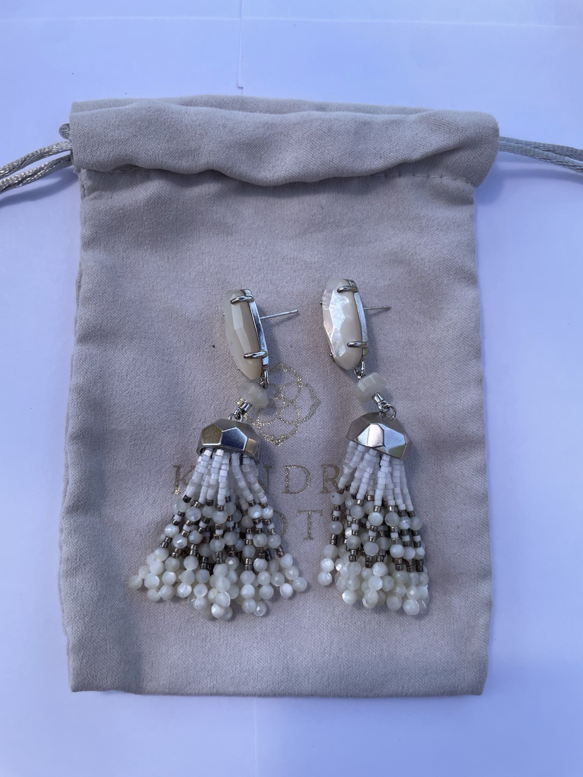 Kendra Scott Beaded Dangle Drop Earrings – Silver Tone White Mother of Pearl