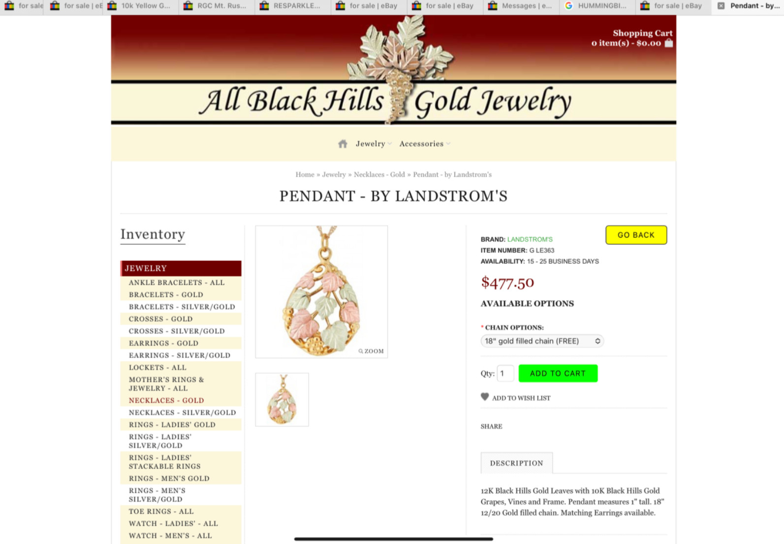 Black Hills Gold 10k Landstrom’s Multiple Leaves Teardrop Pendant Necklace