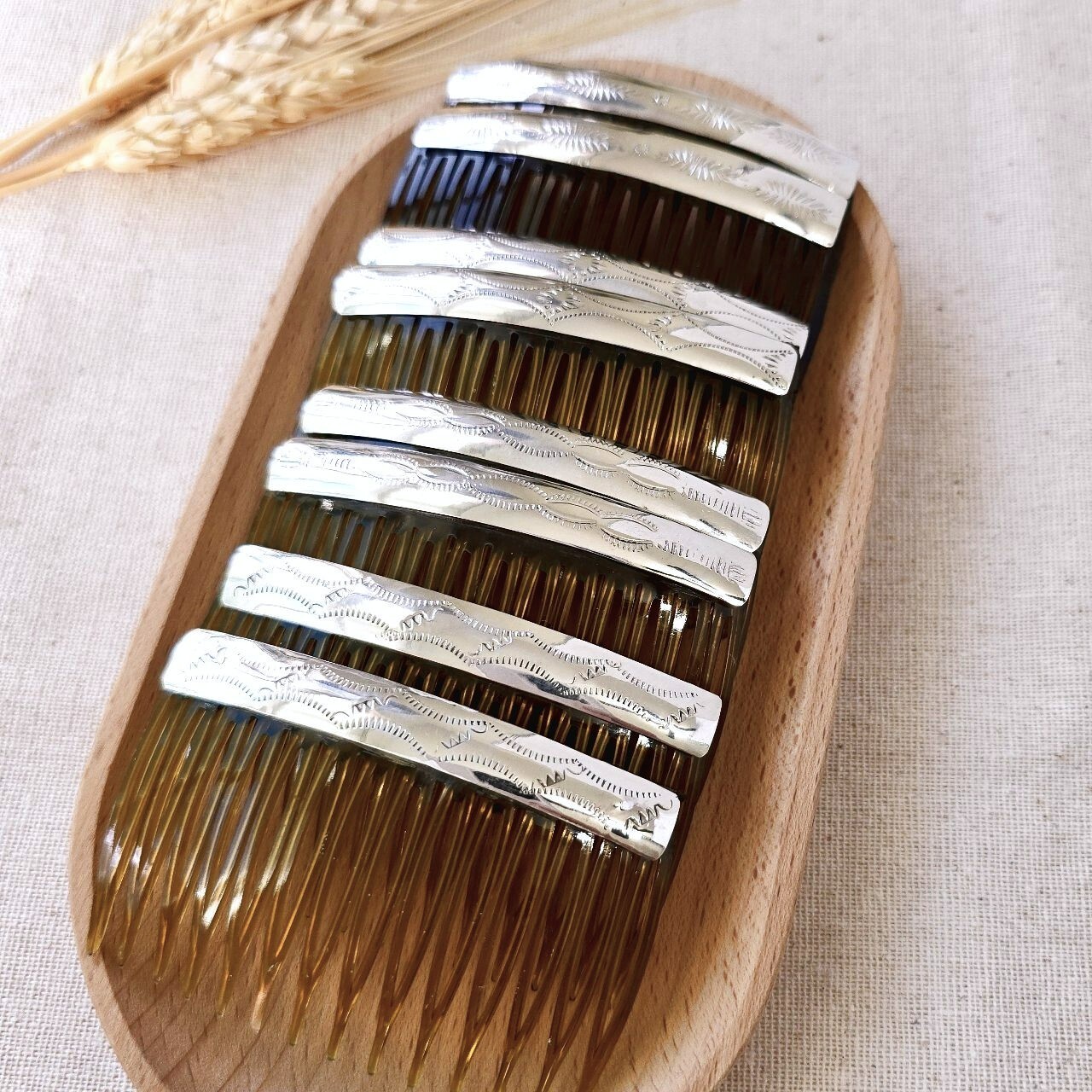 Pair of Native American Navajo Shiny Patterned Sterling Silver 2.75″ Hair Combs