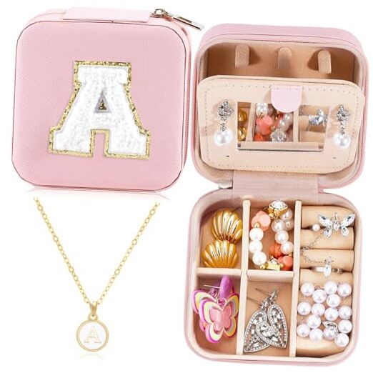 Travel Jewelry Case for Women Girls Daughter Birthday Gift from Mom Dad A Pink