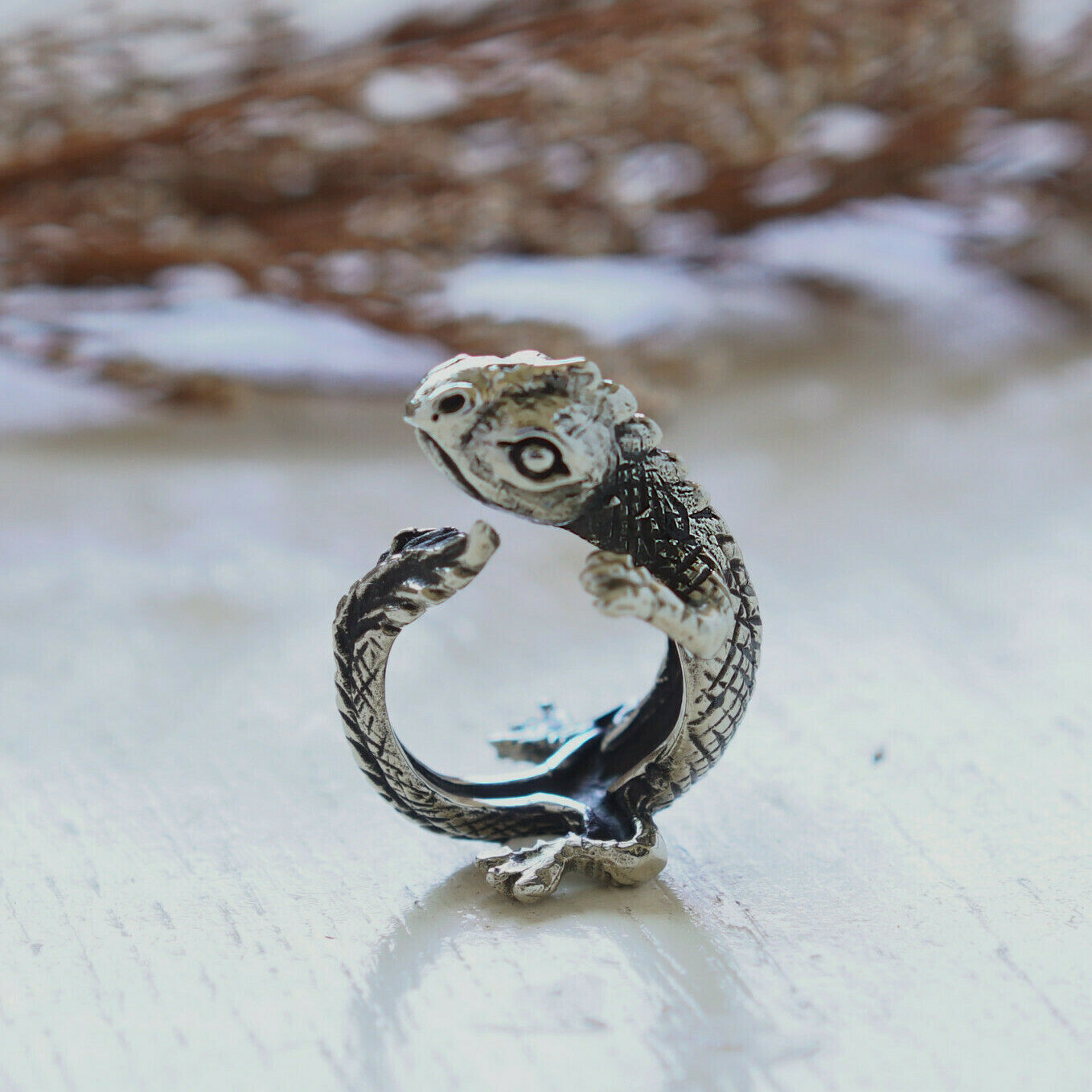 Gecko Chameleon sterling silver ring animal woman Jewelry Boho lizard bugbear