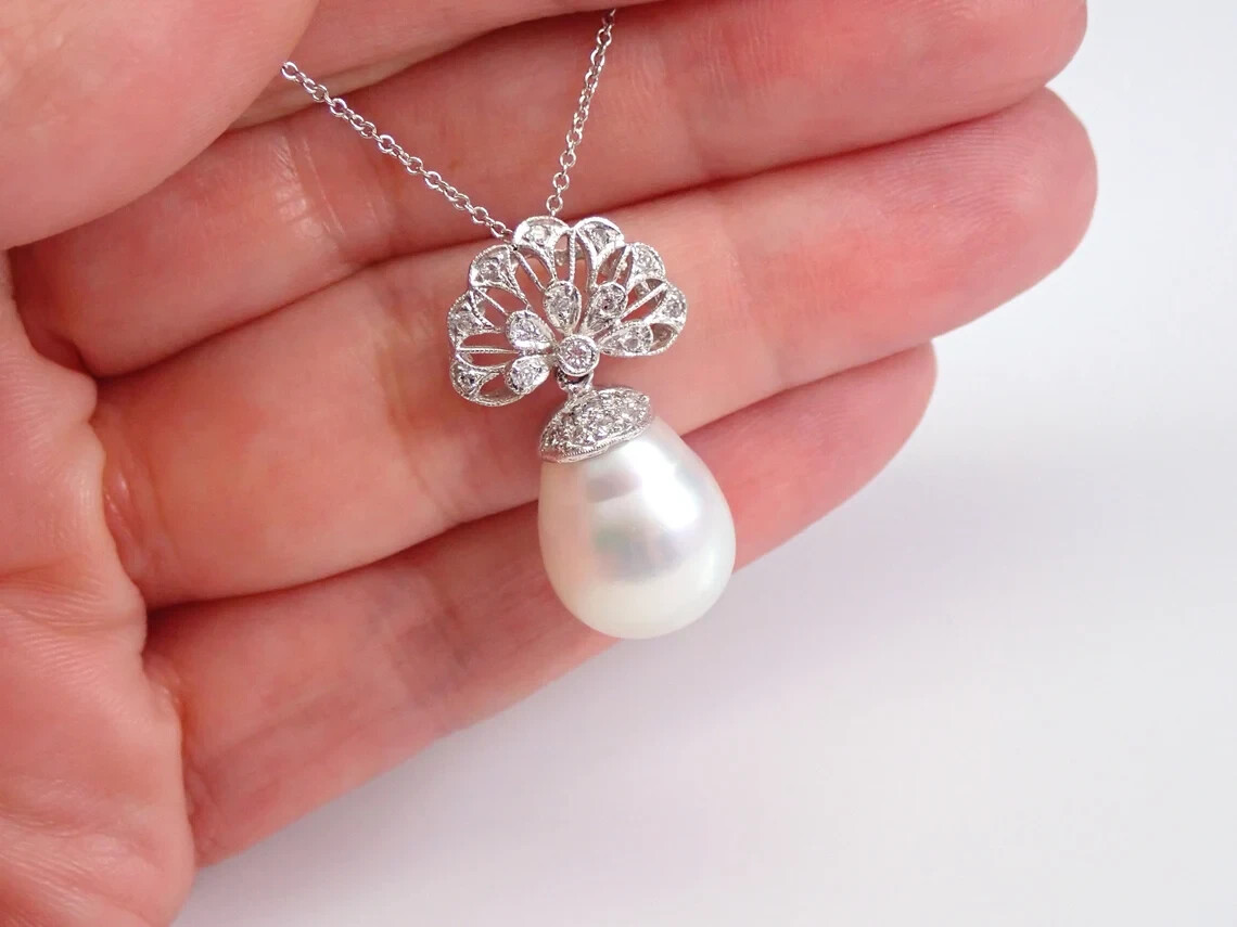 Unique South Sea Baroque Pearl Necklace 18K White Gold Plated Genuine Pearl