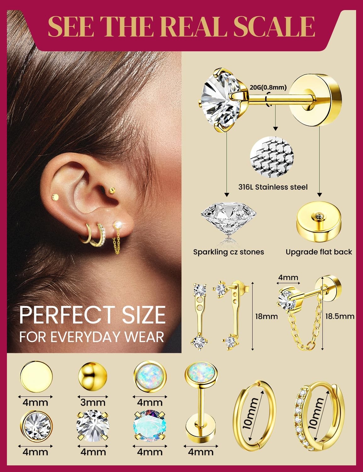 10 & 14 Pairs Hypoallergenic 14K Gold Plated Flat Back Earrings Hoops for Wom…