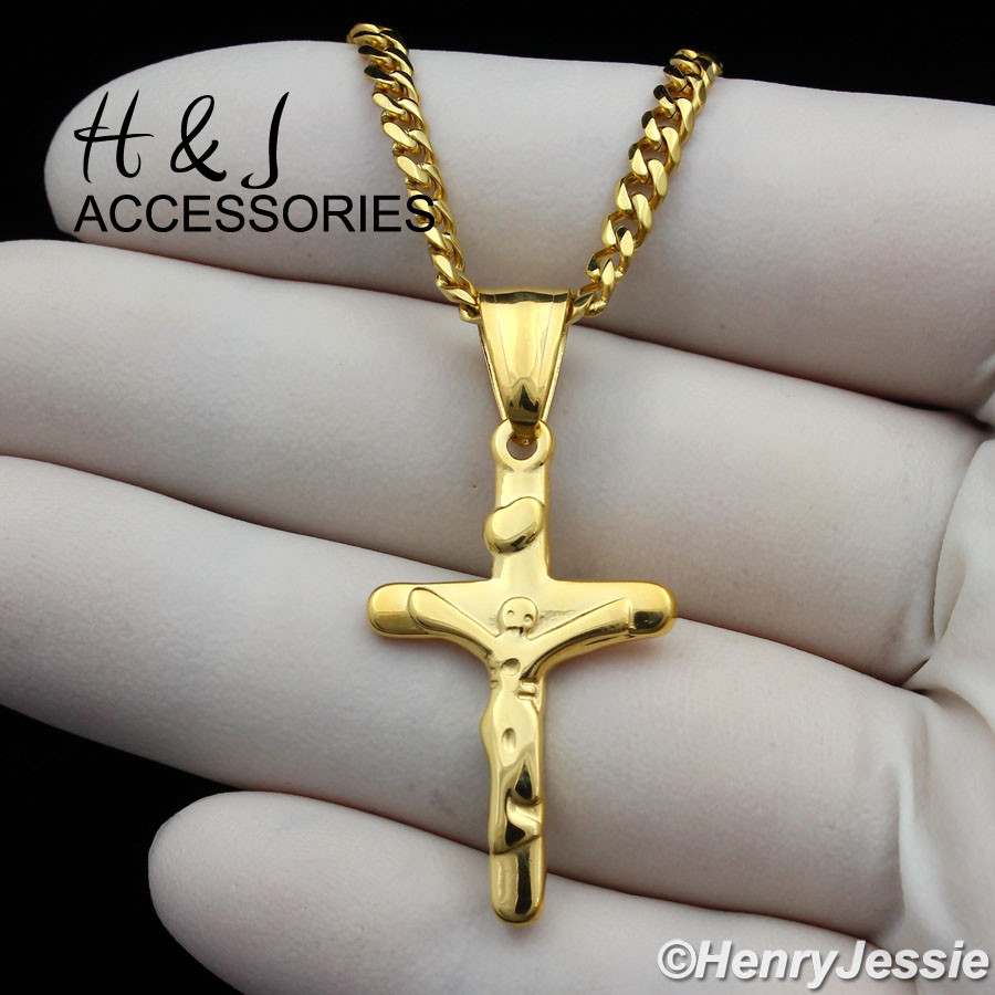 24″Stainless Steel 3mm Gold Plated Cuban Curb Necklace Small JESUS Cross Pendant