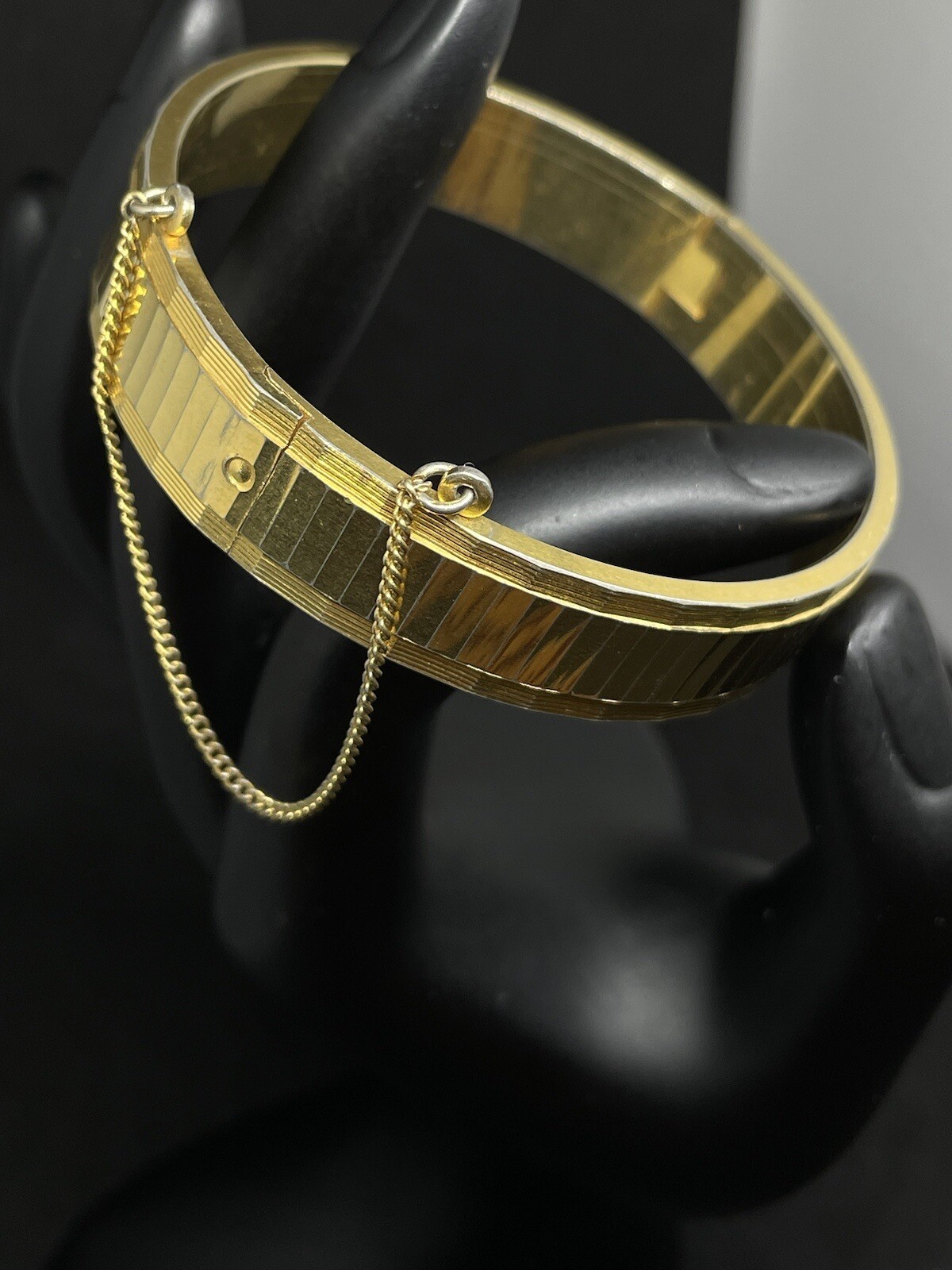 Vintage West Germany Hinged Bracelet Gold Tone With Safety Chain 7” Signed✨
