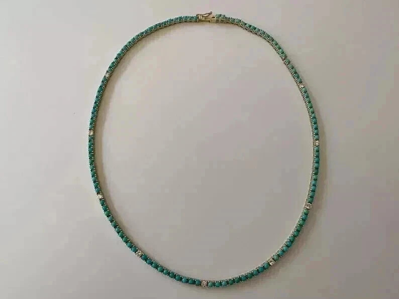 16CT Round Lab Created Turquoise Women’s Tennis Necklace 14K White Gold Finish