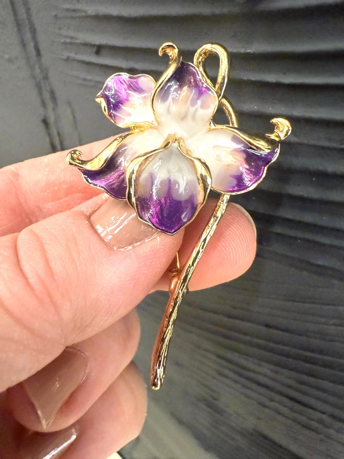 New Orchid Enamel Flower Brooch, 2.28-Inch, 14K Gold‑Plated Pin