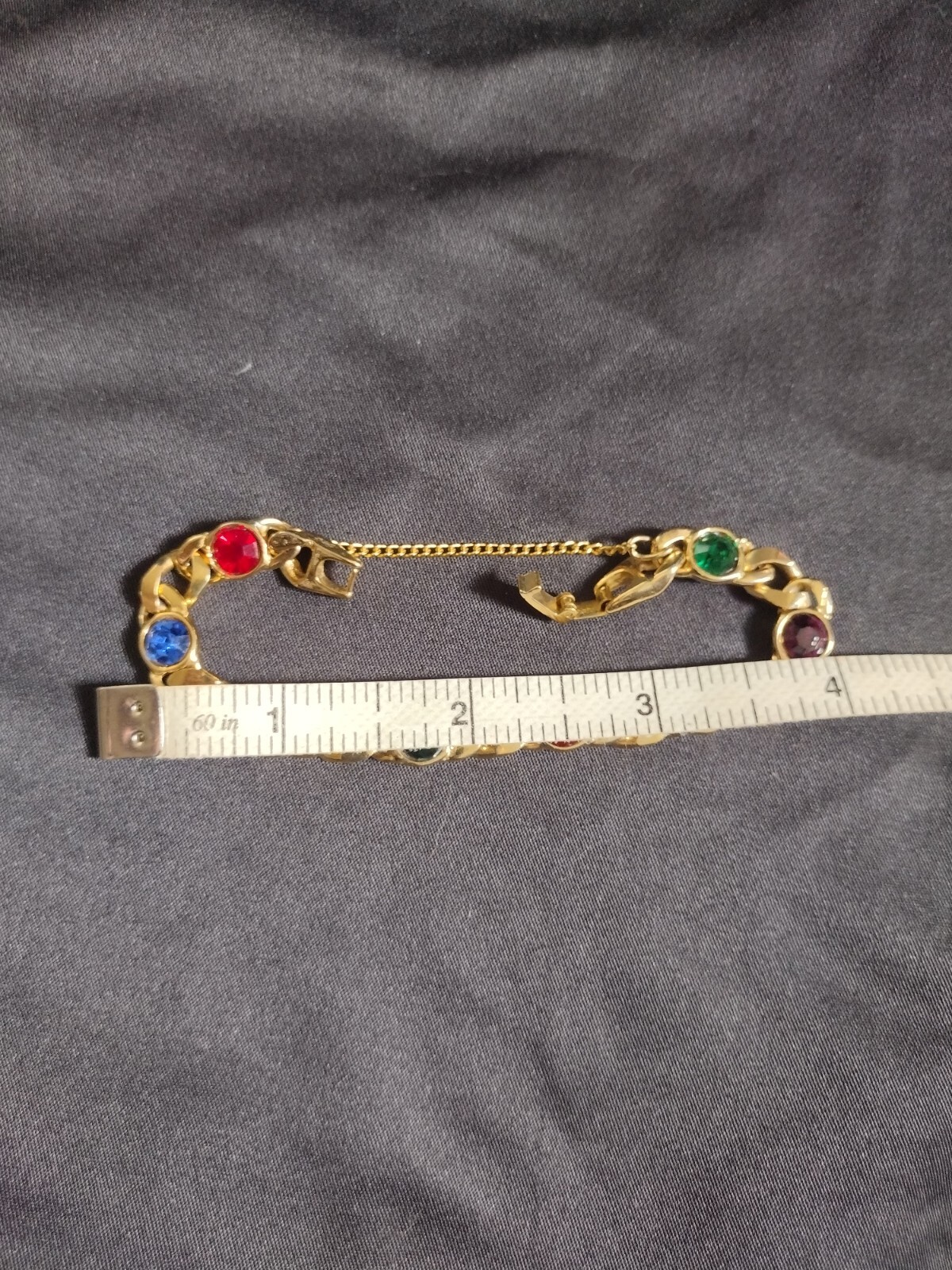 Vtg Tennis Bracelet Synthetic Round Cut Gemstones Goldtone With Safety Chain