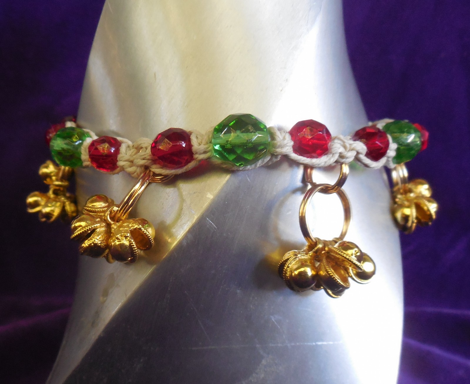 Rasta Hemp Anklet with Gold Bells, Czech Glass Beads Adjustable Macrame Jewelry