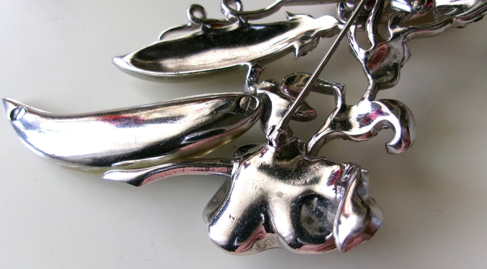 Early Signed Marcel Boucher Sweet Pea w Pods Brooch Enamel Rhodium Rhinestones