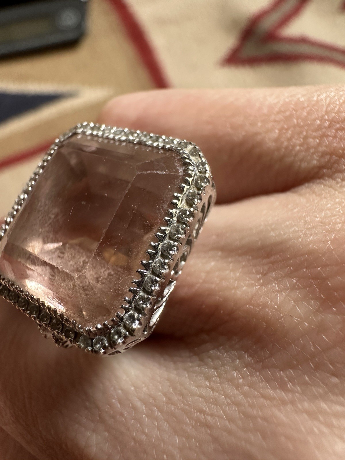 Vintage Estate 18k White Gold Pink Topaz And Diamond Cocktail Ring 4.5