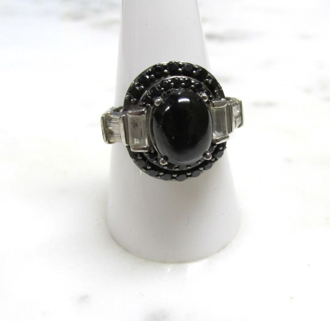 Black Cat’s Eye Sterling Silver Ring w/ Black Stone Accents Sz 9 ~ 6.4g ~ 6-A330
