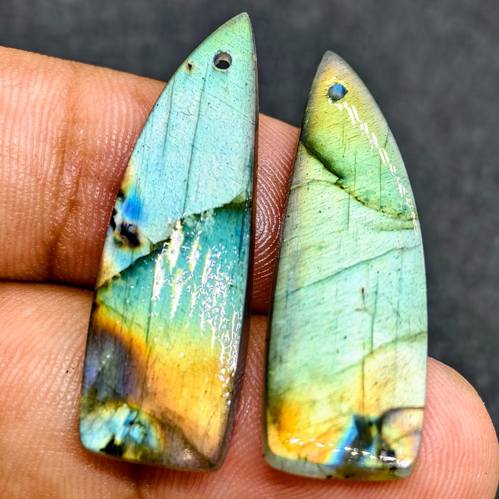 26 Cts Natural Labradorite Drilled Match Pair Cabochon Gemstone 33.9 X 11.6 MM
