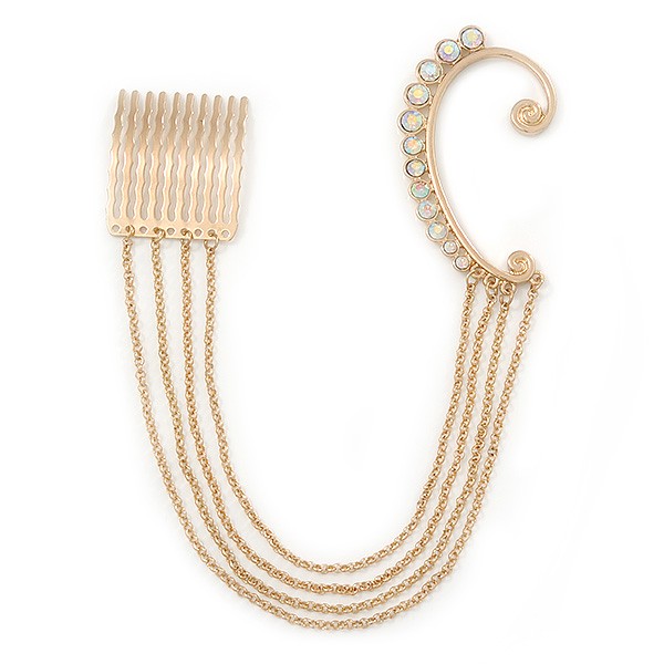 1 Pc AB Crystal Ear Cuff With Comb In Gold Plating – Only For The Right Ear