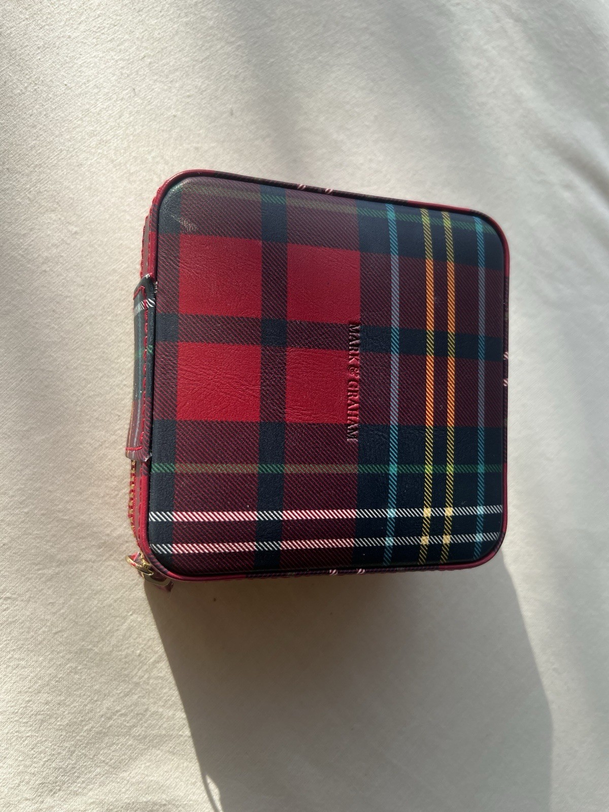 Mark & Graham Plaid Travel Jewelry Case Zip-Around w/ Mirror Faux Leather