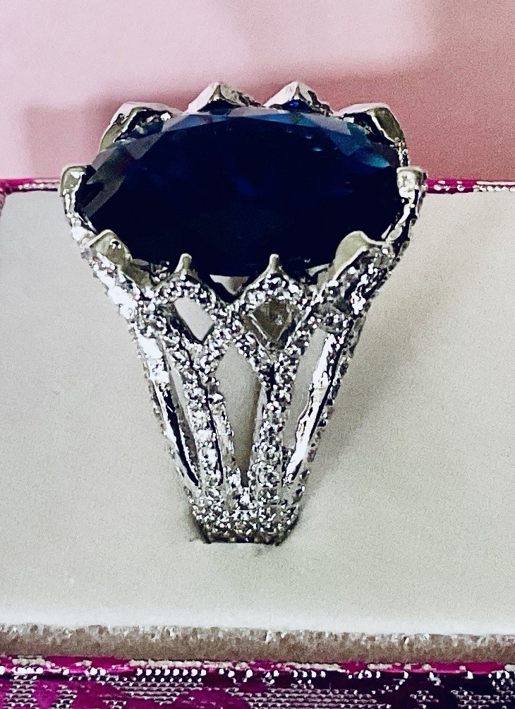 BLUE SAPPHIRE RING – 18X13mm Or 14.2ctw – TOTALLY ENCRUSTED .925 SS SETTING !!!