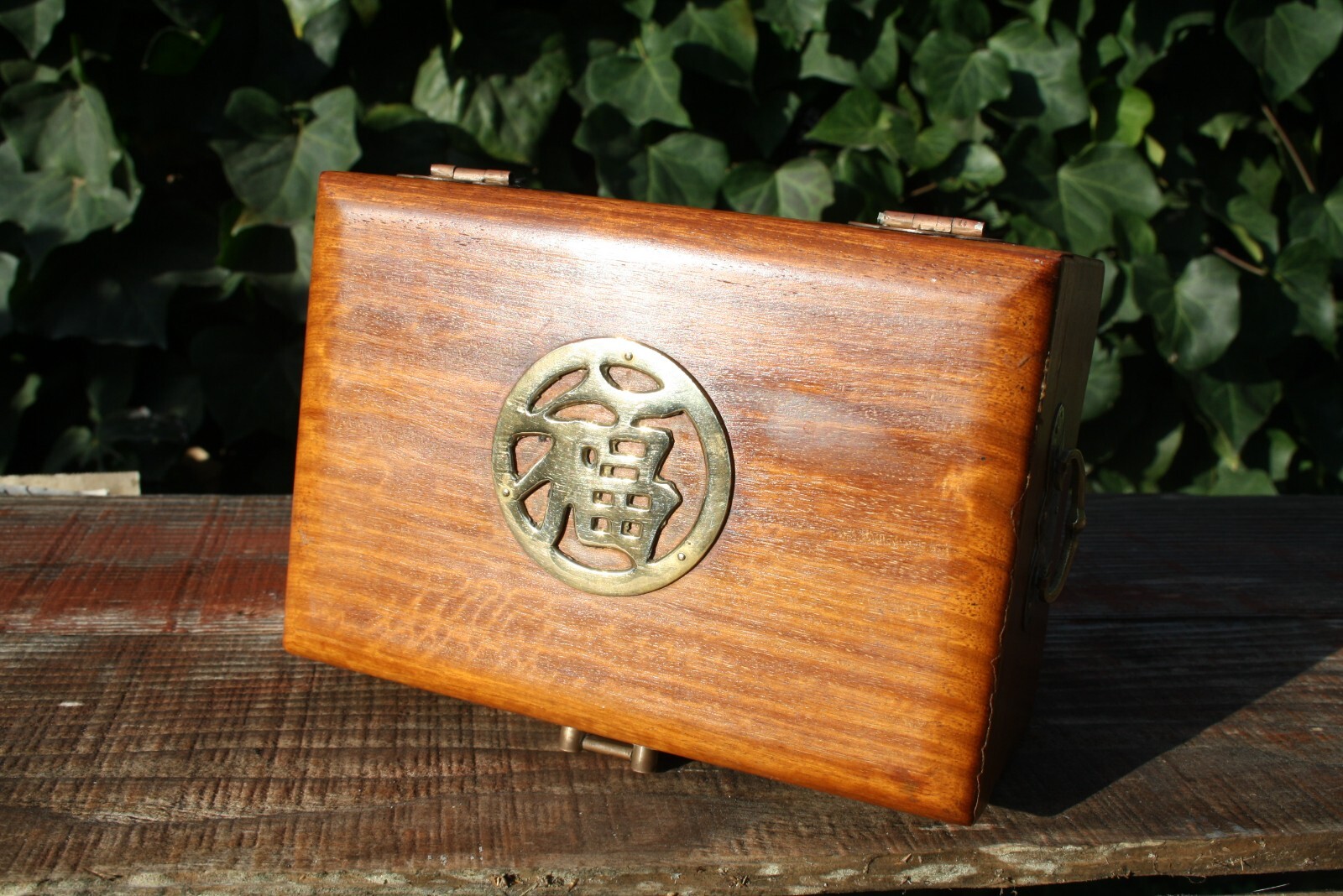 Vintage Chinese Wood & Brass Jewelry Box with Gold Silk Lining Dovetailed