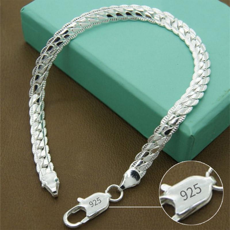 Pulsera De Plata De Ley 925 Para Mujer Y Hombre Brazalete Cadena Lateral Plana