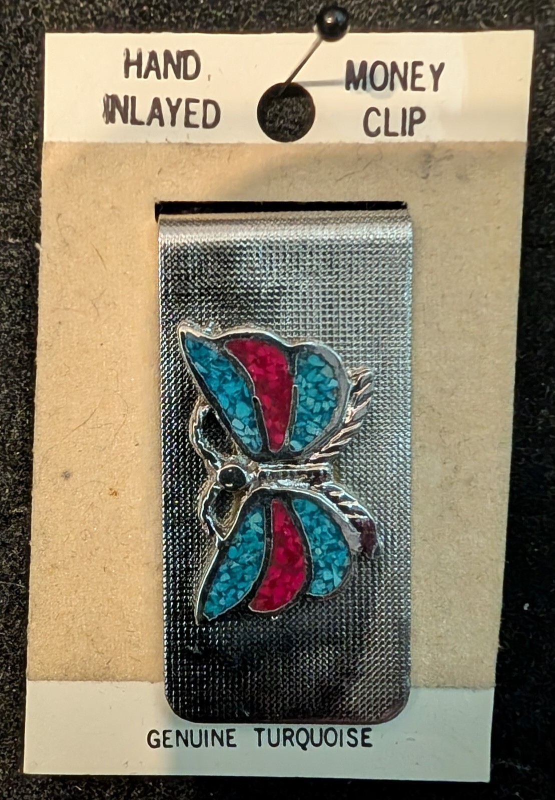 Vintage Turq. & Coral Butterfly Money clip Nickle Silver Resin Filled