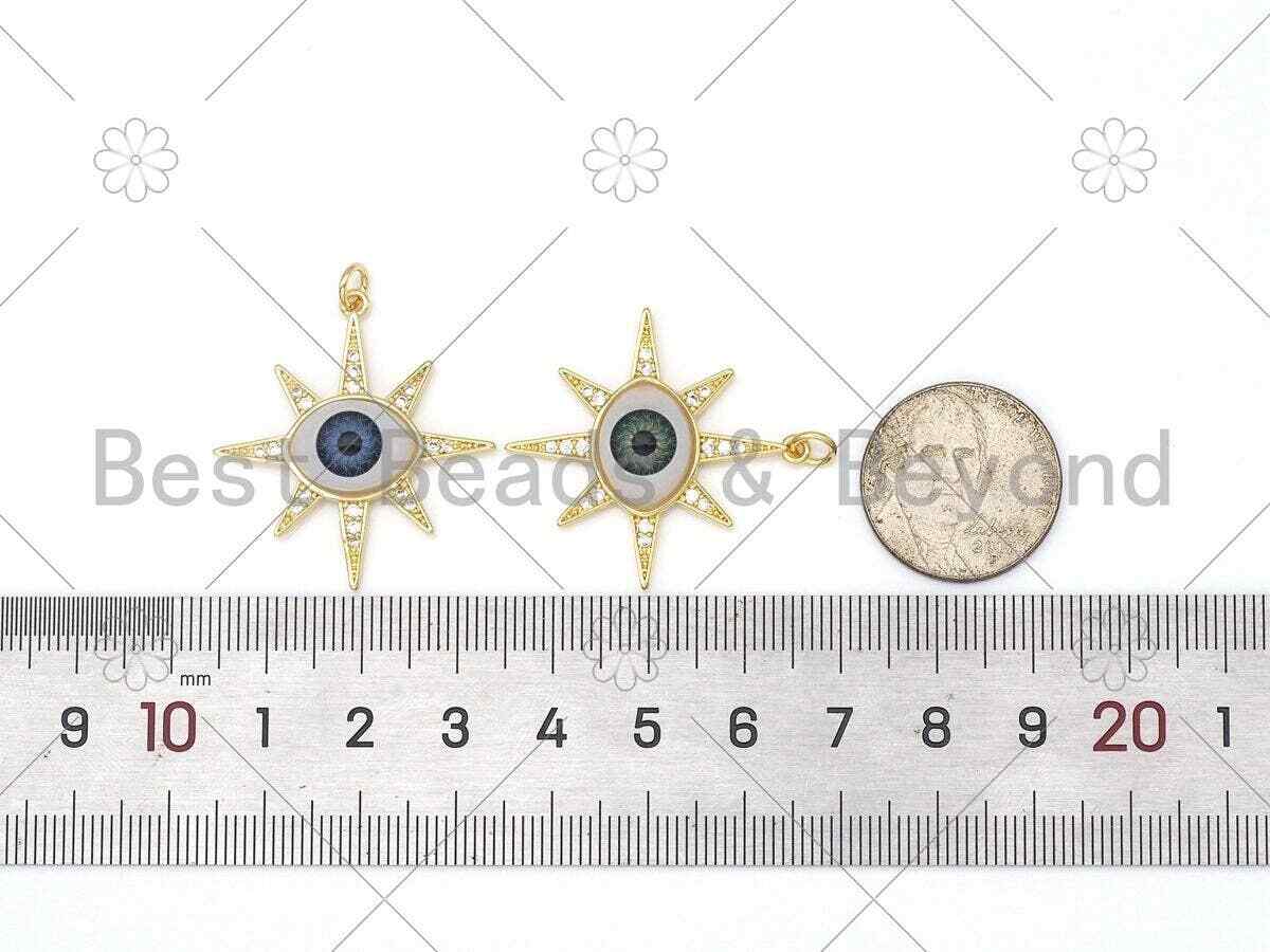 CZ Pave Radical Sun Star Evil Eye Pendant, Colorful Evil Eye Charm, Protection