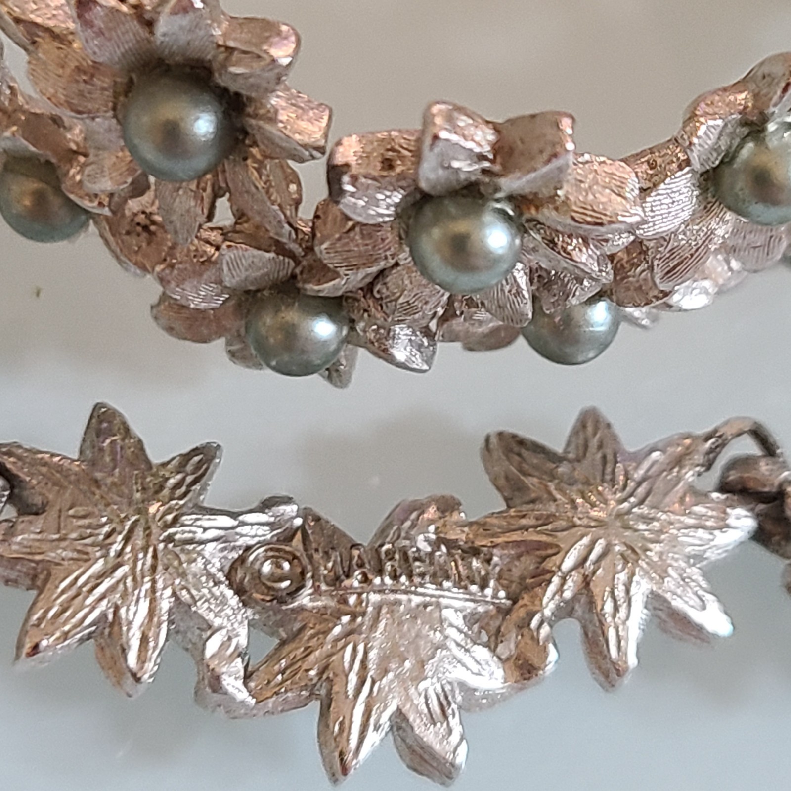 Vintage Marboux BOUCHER Floral Clamper Bracelet Necklace Set Grey Green Pearl