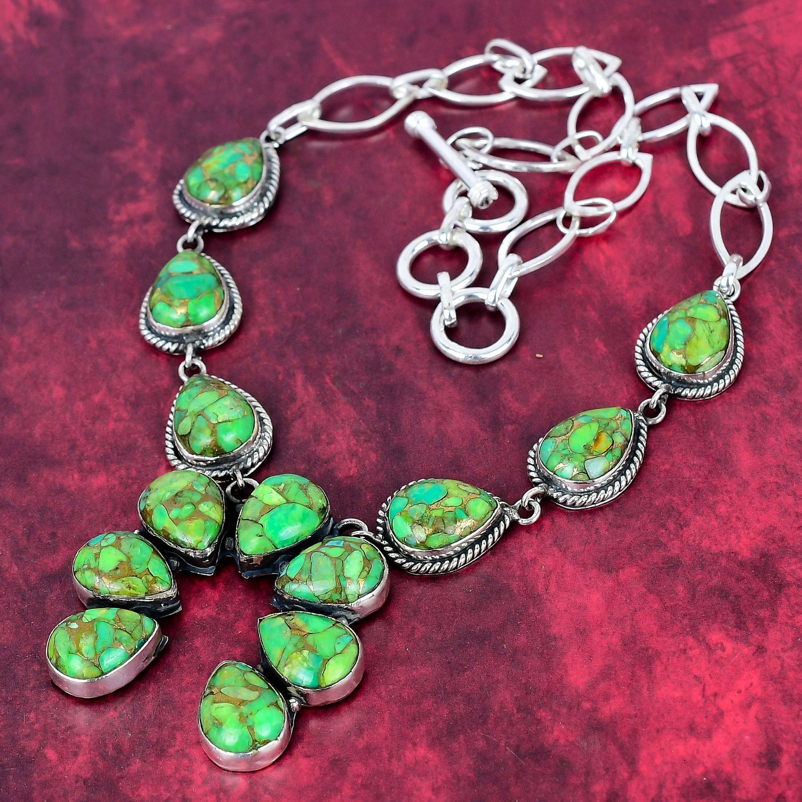 Green Copper Turquoise Gemstone Handmade 925 Solid Silver Necklace Jewelry