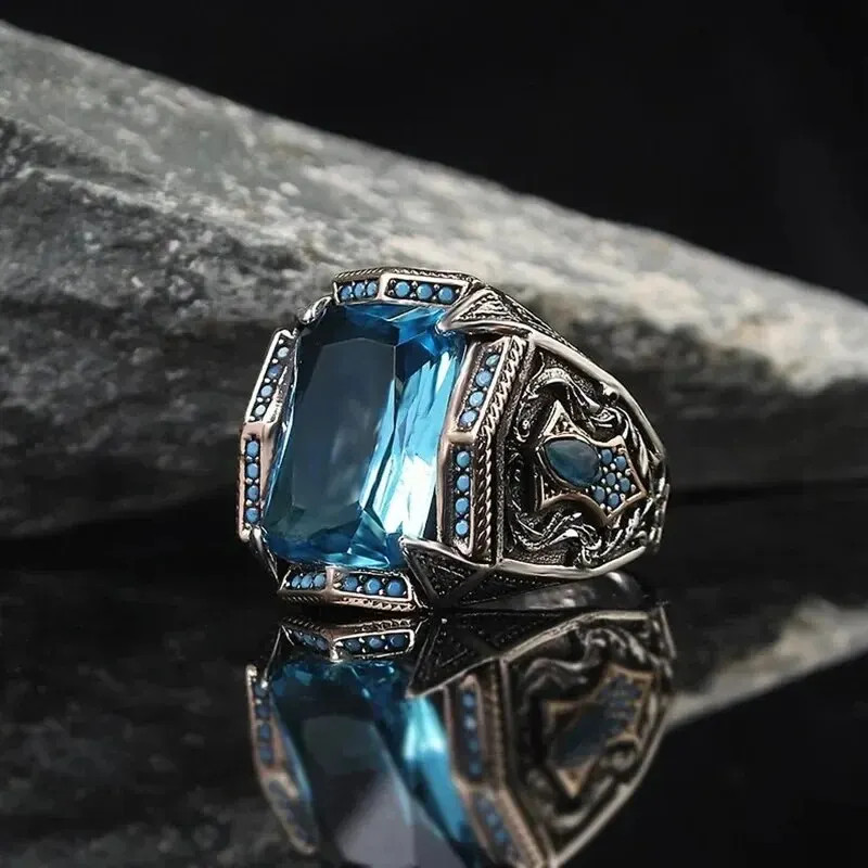 Turkish Signet Ring Silver Color Carved Zircon Inlay Biker Style Unisex Jewelry